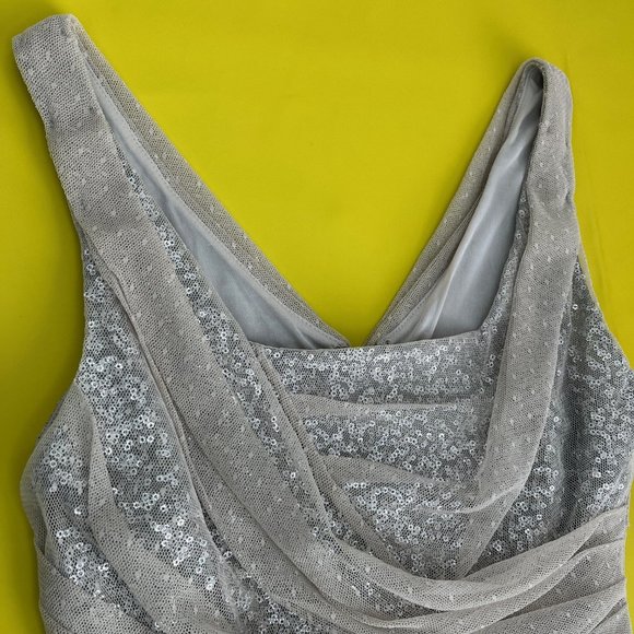 Express Sequin Mini Dress with Gathered Polka Dot Mesh Overlay, Size 0 - Picture 4 of 11